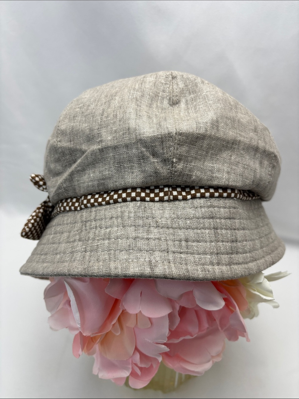 Neutral Linen-Look Bucket Hat with Brown Check Flower Accent#514 - Picture 3 of 10